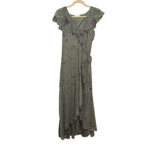 Lauren Conrad Green Floral Ruffle Wrap Maxi Dress Size M